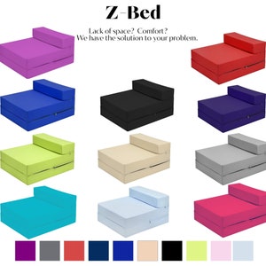 May include: A Z-Bed folding mattress in various colours, including purple, blue, green, turquoise, light blue, pink, black, grey, red, navy blue, beige, and white. The Z-Bed is a compact and comfortable solution for guests or for small spaces. "Lack of space? Comfort? We have the solution to your problem."