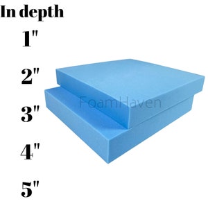 K&ouml;nnte beinhalten: Ein Stapel hellblauer Schaumstoffbl&ouml;cke, jeder mit einer Tiefe von 2,5 cm. Die Bl&ouml;cke sind mit den Zahlen 1 bis 5 beschriftet, die die Tiefe jedes Blocks angeben. Der Text "FoamHaven" ist auf dem oberen Block sichtbar.