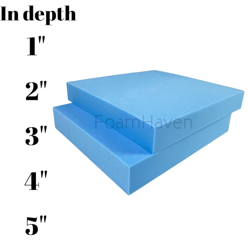 K&ouml;nnte beinhalten: Ein Stapel hellblauer Schaumstoffbl&ouml;cke, jeder mit einer Tiefe von 2,5 cm. Die Bl&ouml;cke sind mit den Zahlen 1 bis 5 beschriftet, die die Tiefe jedes Blocks angeben. Der Text "FoamHaven" ist auf dem oberen Block sichtbar.