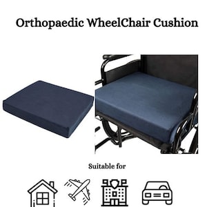 May include: A blue orthopaedic wheelchair cushion. The cushion is shown on a black wheelchair. The text "Suitable for" is below the image.  Three icons are below the text: a house, an airplane, and a car.