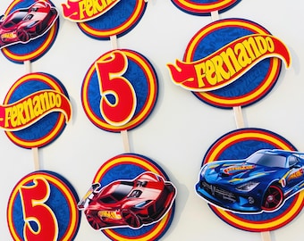 Hot Track Cars Cupcake Toppers: Personalized Birthday Party Decoration