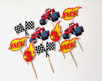 Monster Truck Cupcake Toppers: Set of 12 units Personalized Birthday Party Decorations.