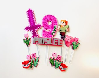 Personalized Pink Minecraft Cake Topper, Gamer Birthday Decor
