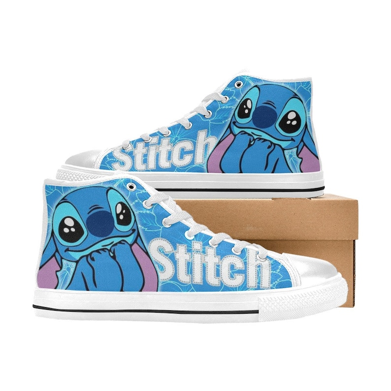 May include: White high-top canvas shoes with a blue and white Stitch design. The shoes have a blue background with white lightning bolts and the word "Stitch" in white letters.