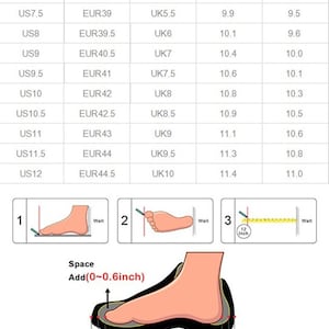 Może przedstawiać: Tabela przedstawiająca konwersję rozmiar&oacute;w obuwia damskiego w rozmiarach US, UK i europejskich. Tabela zawiera r&oacute;wnież pomiary długości wkładki i stopy w calach. Tabela jest uzupełniona schematem pokazującym, jak zmierzyć długość stopy.