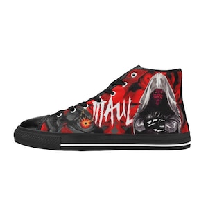 May include: Black high-top canvas shoes with a red and black graphic print of Darth Maul from Star Wars. The print features Maul's face and the word "MAUL" in white letters.