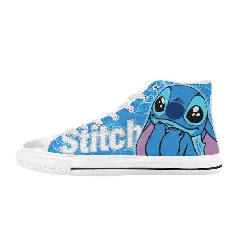 May include: White high-top canvas shoes with a blue background featuring Stitch from Lilo & Stitch. The word "Stitch" is written in white on the side of the shoe.