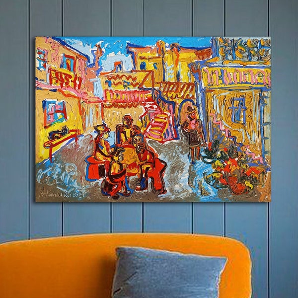 Colorful Impasto Wall Art Original Oil Painting Old Backyard Figurative Primitive Artwork New Home Apartment Decor Dopamine Ukraine 28x20 in