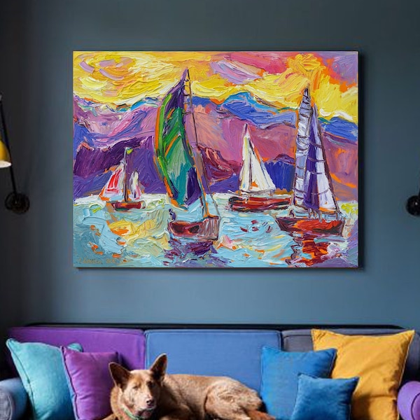 Sailboat Oil Painting Custom Colorful Oil Painting Coastal Yachts Large Oil Canvas Wall Art Impasto Meaningful Anniversary Gift Husband Him