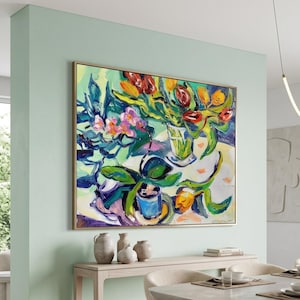 Tulpen und Orchideen – Frühlingsstillleben, extragroßes handgemaltes Gemälde auf Leinwand, Kovalenko-Kunst, Geschenk für sie, Gemälde auf Bestellung