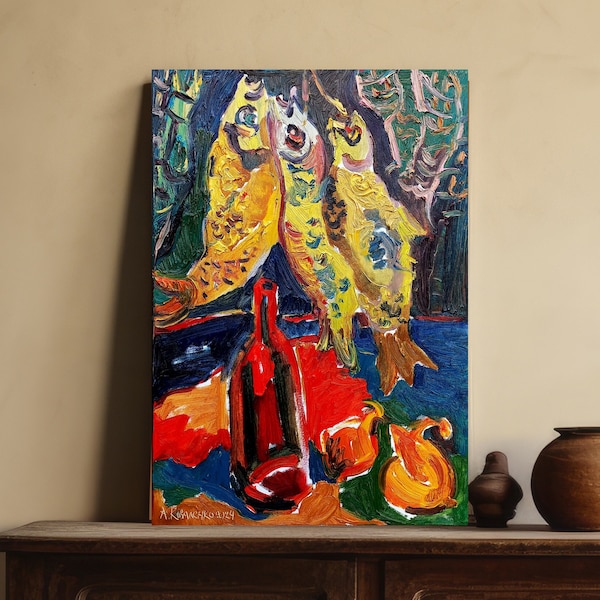 Original Oil Painting Still Life Dry Fish Kitchen Decor Wall Art Dopamine Colorful Impasto Anniversary Meaningful Gift Him Parents 20x27,5in