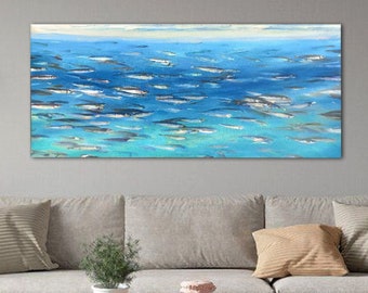 Grandes sardines horizontales, peinture à l'huile de poisson, oeuvre d'art abstraite originale, texturée, bleu royal, moderne, décoration murale pour appartement, cadeau pour la maison, 63 x 28 pouces