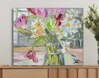 Mom Geschenk Original Ölgemälde Cottagecore Wand Kunst Impasto 3D Küche über dem Bett Dekor Narzisse Tulpen Mutter Großmutter Jahrestag