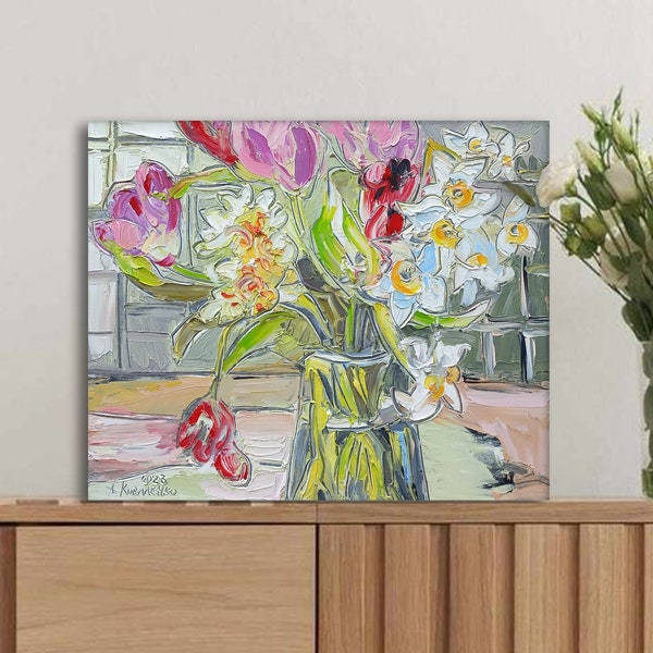 Mom Gift Original Oil Painting Cottagecore Wall Art Impasto 3D Kitchen Over the Bed Decor Daffodil Tulips Mother Grandmother Anniversary