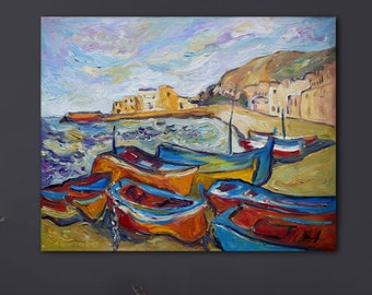 Boats Oil Painting Original Large Wall Art Colorful Italy Landscape Apartment Wall Decor House Warming Gift for Parents New Home Gifts