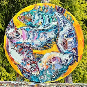 Fish vibrant Painting Round Canvas Original Oil Painting Colorful Impasto Artwork Sea Fish Kitchen Wall Art Expressionism Kovalenko d.12in