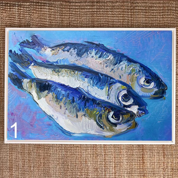 Small Artwork Kitchen Decor Sardine Textured Oil Painting 8x6 in Fish Ocean Blue wall decor Nautical Marine Home Coastal Art Fathers Gift