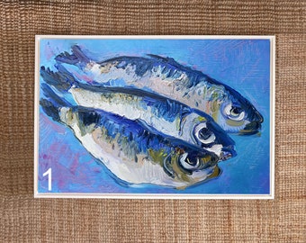 Art mural cuisine cadeau hôtesse sardine empâtement peinture à l'huile 20 x 15 cm poisson océan empâtement nautique Marine nouvelle maison décoration côtière cadeau mères de famille