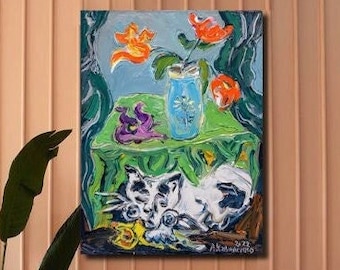 Cadeau pour amoureux des chats, peinture à l'huile, empâtement coloré, style naïf, cadeau unique pour les amoureux des animaux de compagnie, art maximaliste, oeuvre d'art originale moderne, décoration esthétique