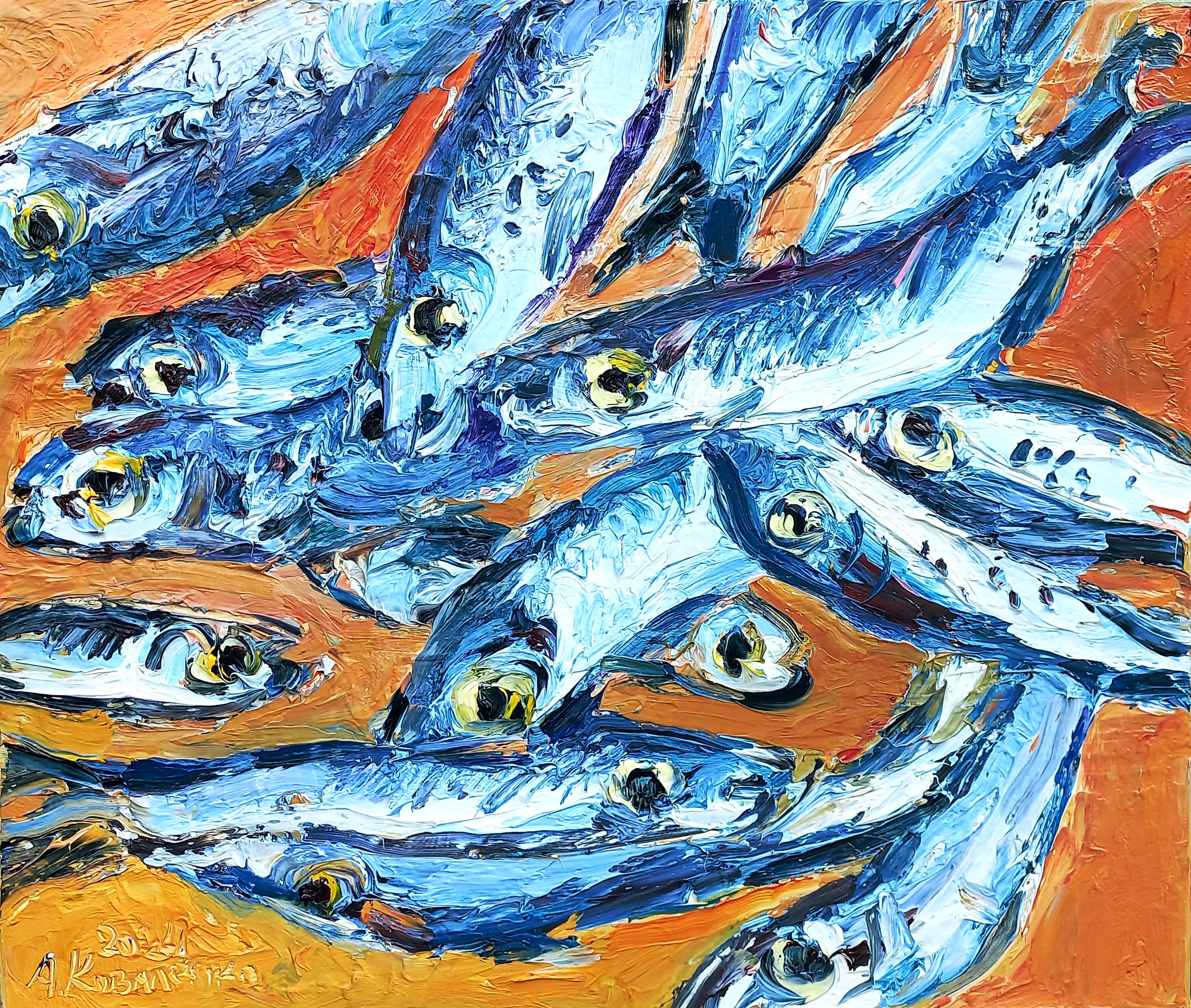 Anchovies Oil Panting Original Impasto Artwork Blue Orange Unique