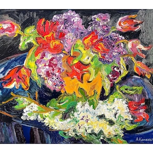 SPRING BOUQUET Original Painting Tulips Lilacs Flowers Impasto Oil Painting Horizontal Canvas Colorful Impressionism Artwork Kovalenko 31x24