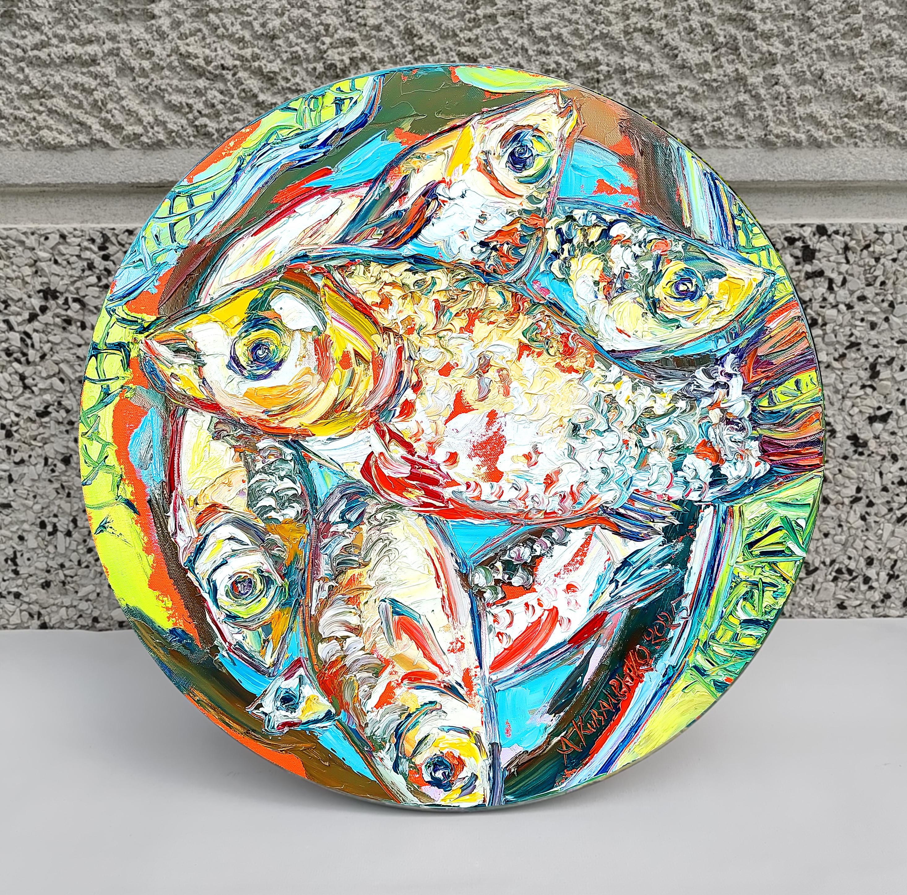 Decorative Fish Still Life Round canvas Original Oil Painting Nautical Colorful Expressive Artwork Kitchen Wall Art Kovalenko d.16in