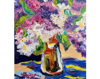 Lilac Painting Textured Original Oil Canvas Colorful Spring Flowers Lilac Bouquet Artwork Kitchen Wall art Oil Painting by Kovalenko 16x20in