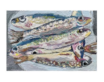 Fish Original oil Painting Cooking Seafood Sardines Kitchen Wall Art Rich Texture Oil Painting by Ukrainian Artist Kovalenko 18x12