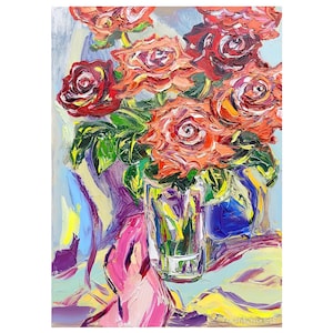 RÓŻE Oryginalny obraz Impasto Martwa natura Czerwone kwiaty Bukiet Dzieło sztuki Kolorowa tekstura Olej na płótnie Impresjonizm Obraz autorstwa Kovalenko 28x20