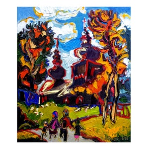 CHURCH Landscape Oil Painting Original Colorful Rare Painting Impasto Primitivism Figurative Artwork Modern Painting by Kovalenko 20x24in