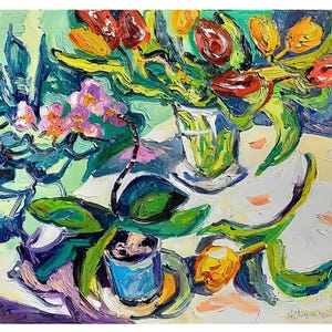 FLOWERS Spring Still Life Original Painting Tulips Orchid Bouquet Artwork by Ukrainian Artist Large Canvas Impressionism Oil Painting 28x24
