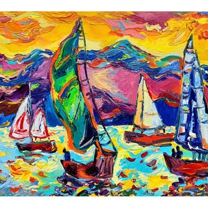 NAUTICAL Large Original Painting Impasto Oil Canvas Expressionism Seascape Bright Artwork Large Canvas Sailing Painting Kovalenko 31x24