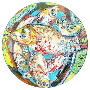 Round Fish Aesthetic Art Oil Painting Perfect Wall Decor for Living Room/Office/Kitchen/Bedroom and Home Colorful artwork Kovalenko d.16in