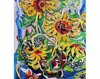 KITCHEN WALL ARTWORK Sunflowers  Original Extra Impasto Oil Painting on Canvas Colorful Vibrant Colors Floral Bouquet  Kovalenko by 24x31in
