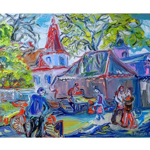 May include: A colorful oil painting depicting a street scene with a group of people standing in front of a building. The building has a red roof and a blue facade. The people are wearing various colors of clothing. The painting is done in a loose, expressive style.