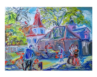 Pode incluir: Uma pintura a óleo colorida que retrata uma cena de rua com um grupo de pessoas em pé em frente a um edifício. O edifício tem um telhado vermelho e uma fachada azul. As pessoas estão vestindo roupas de várias cores. A pintura é feita em um estilo solto e expressivo.