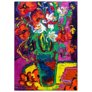 BRIGHT RED Wild Flowers Bouquet Original oil painting Modern still life  Large Canvas Textured Artwork Floral Painting by Kovalenko 20x28in