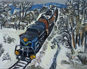 Peinture à l'huile Cottagecore sombre, grande oeuvre d'art murale, cadeau de pendaison de crémaillère, parents, père, grand-père, nouvelle maison, décoration d'appartement, train nordique Rerto, 69 x 21 po.