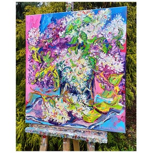 VIBRANT LILAСS Original Oil 3D Painting Colorful Impasto Painting on Canvas Modern Impressionist Artwork Bouquet Large Oil Painting 24x28in