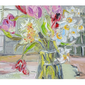 24x20in SPRING Daffodils Original Oil Painting Flowers Bouquet Impasto Light Colors Hand Painting Large Artwork on Canvas by Kovalenko