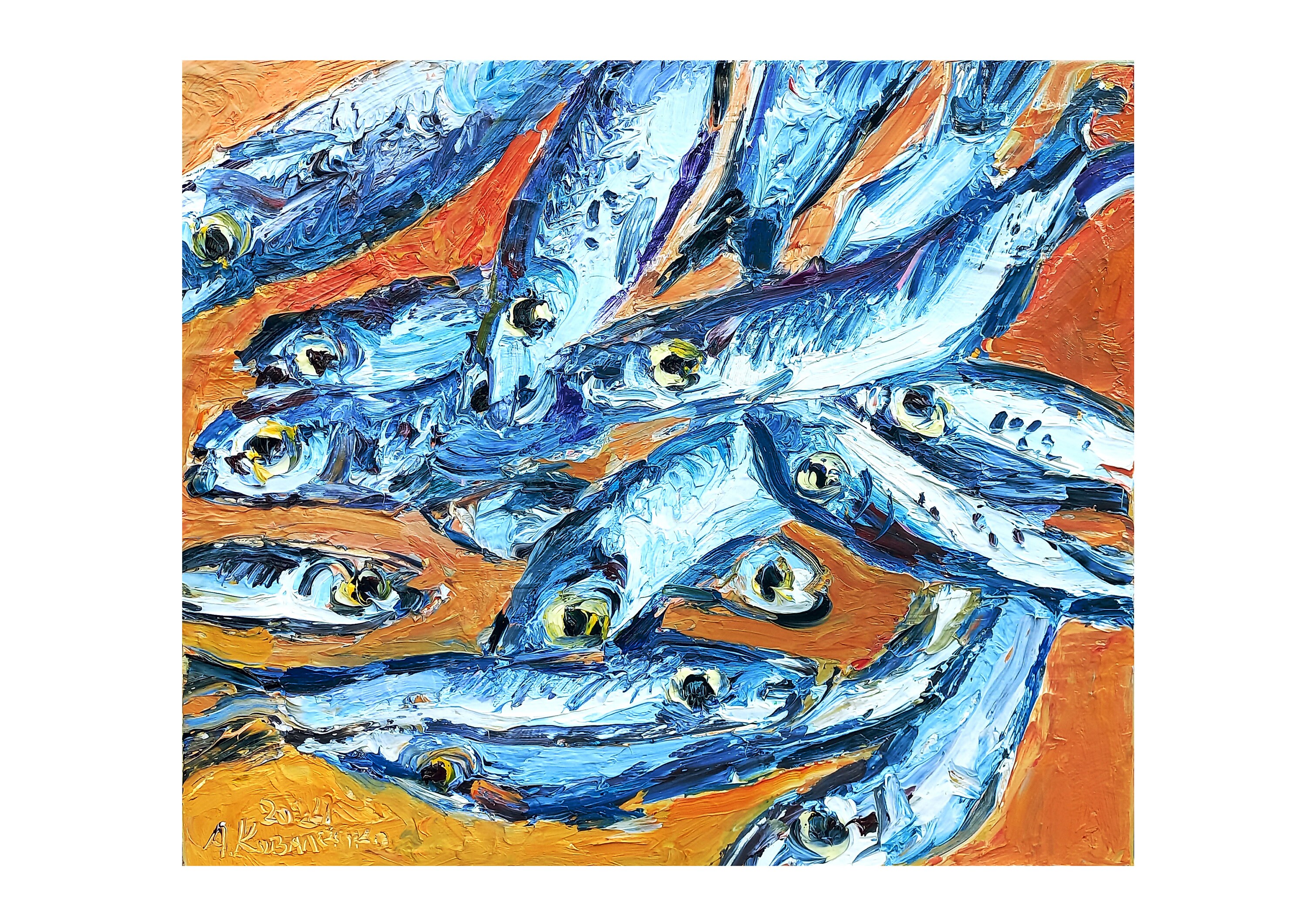 Anchovies Oil Panting Original Impasto Artwork Blue Orange Unique Anchovies Oil Panting Original Impasto Artwork Blue Orange Unique