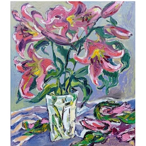 Pink Lilies Oil Painting Large Original Painting on Canvas Impressionism Impasto Oil Painting Bouquet in Vase Artwork by Kovalenko 24x28in