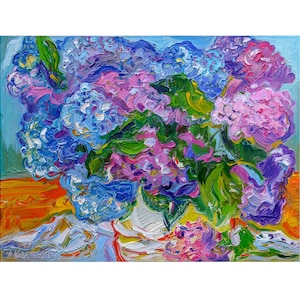 Hydrangea Large Painting Original Oil Artwork on Canvas Impasto Colourful Painting Flowers Bouquet Horizontal Oil Canvas by Kovalenko 31x24