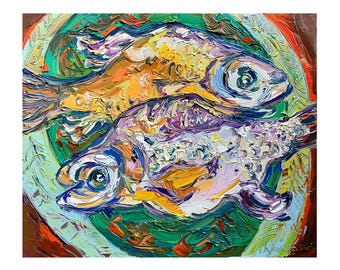 Kitchen Oil Painting Fish Wall Art Colorful Impasto Oil Canvas Seafood Cooking Original Painting Impressionism Artwork by Kovalenko 16x20in