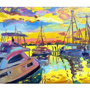 Marine Sunrise Yachting Landscape Original Oil Painting Impasto Artwork Oil on Canvas Colorful Port Boats Seascape wall art Kovalenko 28x20