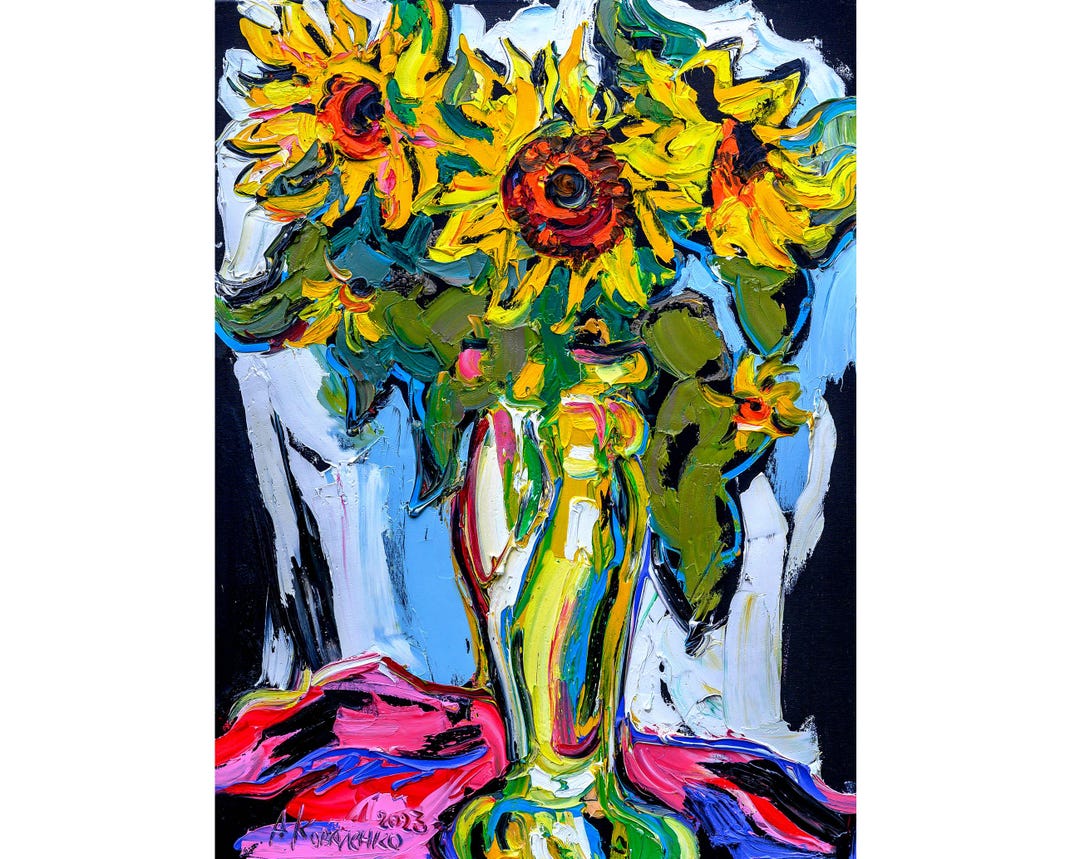 Colorful Still Life Artwork Impasto Oil Painting Sunflowers Bouquet ...