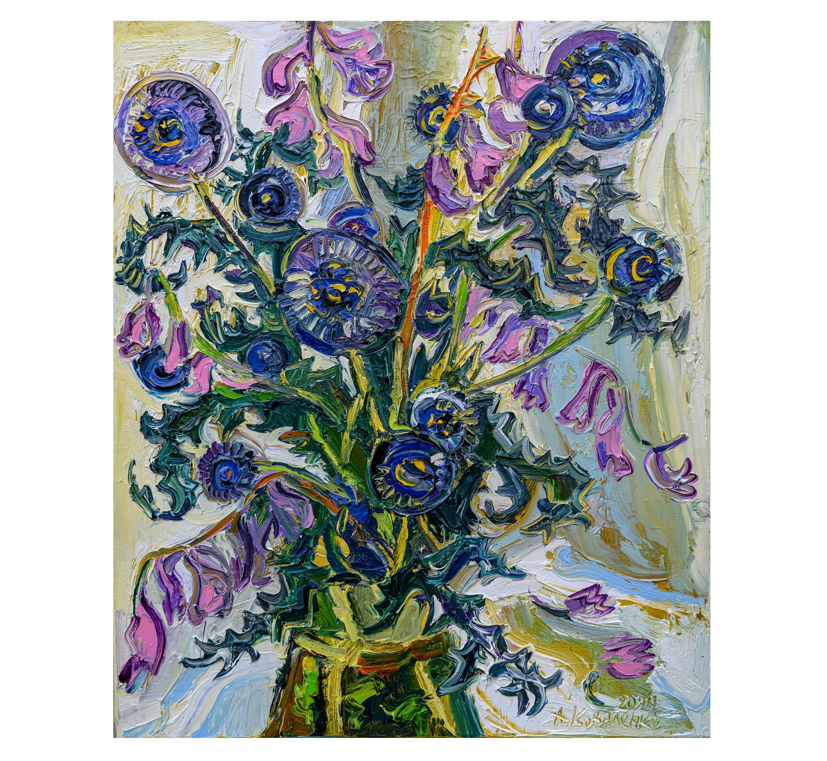 Flowers Original Painting Impasto 3D Oil Painting Blue Thistle Artwork on Canvas Colorful Floral Abstract Painting by Kovalenko 24x20in