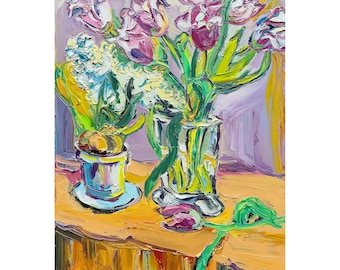 TULIPS Original Impasto Painting Pink Flowers Large Bouquet Oil Painting on Canvas Kitchen Art Expressionism Artwork  by Kovalenko 24x31in