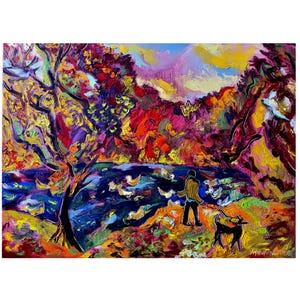 May include: An abstract landscape painting with vibrant colors. The artwork depicts a person walking a dog near a body of water, surrounded by trees and foliage in shades of red, yellow, and purple. The style is impressionistic.