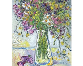 20x26in Large SUMMER Flowers Impasto Oil Painting Impressionism Muted Color Impressionist Art  Kitchen Still Life Artwork by Kovalenko